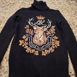 Lauren Ralph Lauren Black Turtleneck Sweater with Deer and Crest Design